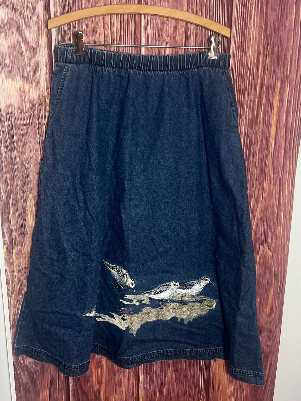 Women's Dark Blue Vintage Denim Skirt with Shorebird Embroidery 100% cotton